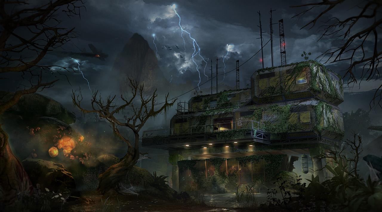 Call of duty zombies Zetsubou no shima, concrete structure near trees digital painting, HD wallpaper