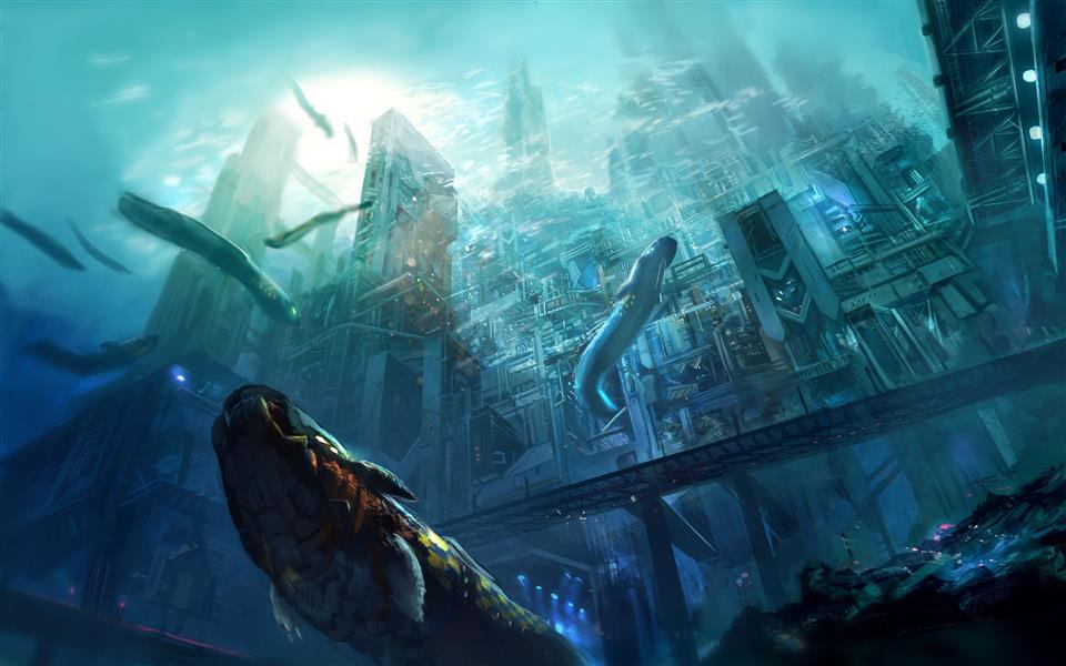 fantasy-themed underwater city illustration, artwork, concept art, HD wallpaper