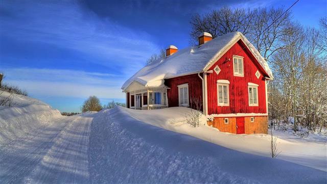 structural shot of red house on white snow field, architecture, HD wallpaper
