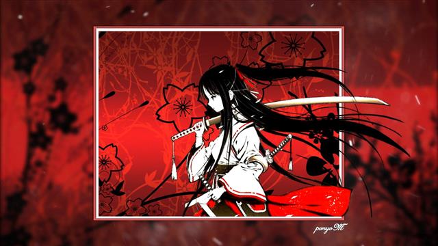 simple background, anime girls, katana, sword, artwork, red, HD wallpaper