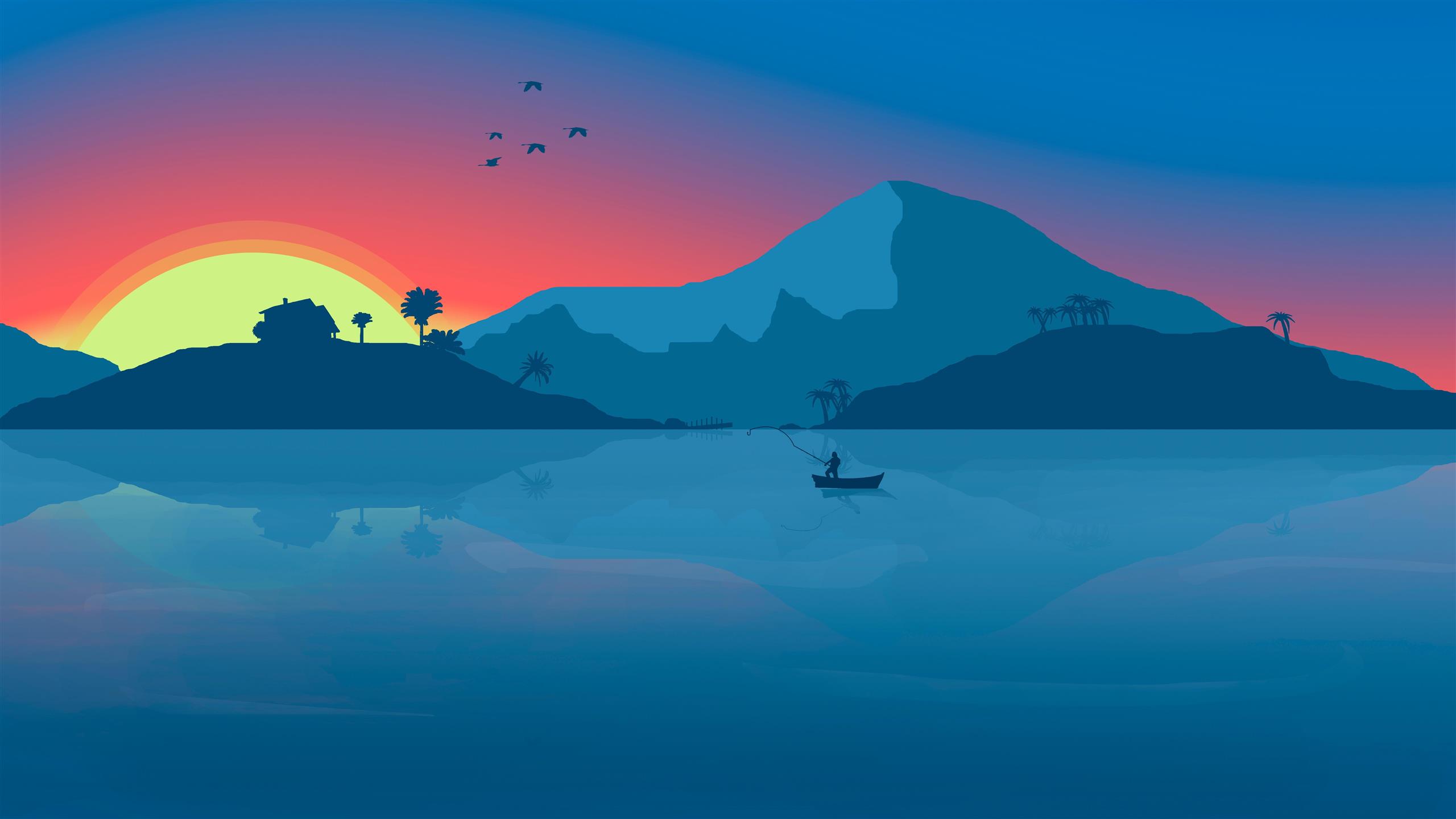 minimalist, sunrise, nature, water, boat, reflection, calm, HD wallpaper