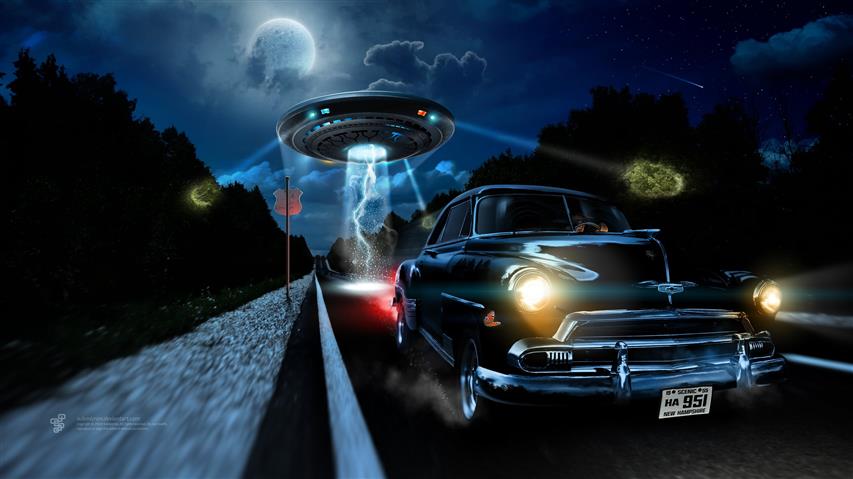 spaceship and classic green coupe on road at night digital wallpaper, HD wallpaper