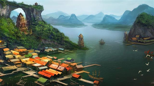 digital art fantasy art architecture building house artwork painting rooftops village asian architecture lake mountains birds pier tower ship nature trees, HD wallpaper