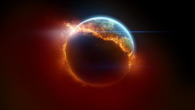 blue and red planet, fire, space art, gradient, Earth, burning, HD wallpaper