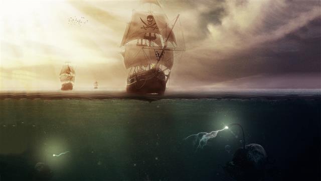 battle ships with fish under sea illustration, artwork, sailing ship, HD wallpaper