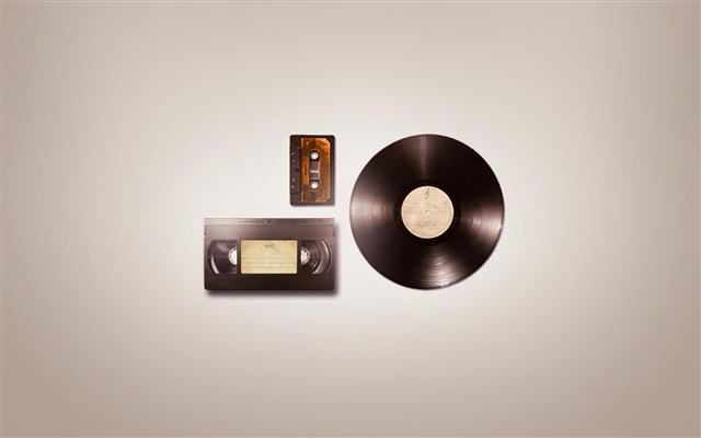 VHS tape, cassette tape, and vinyl disc, video tape, audio, music, HD wallpaper