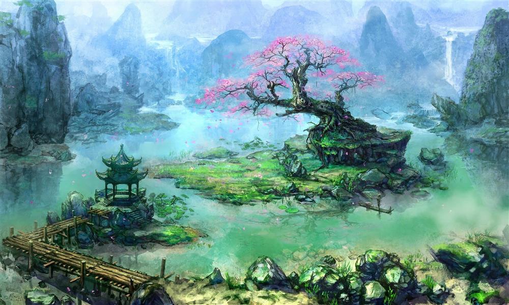artwork fantasy art trees asian architecture bonsai waterfall river pier, HD wallpaper