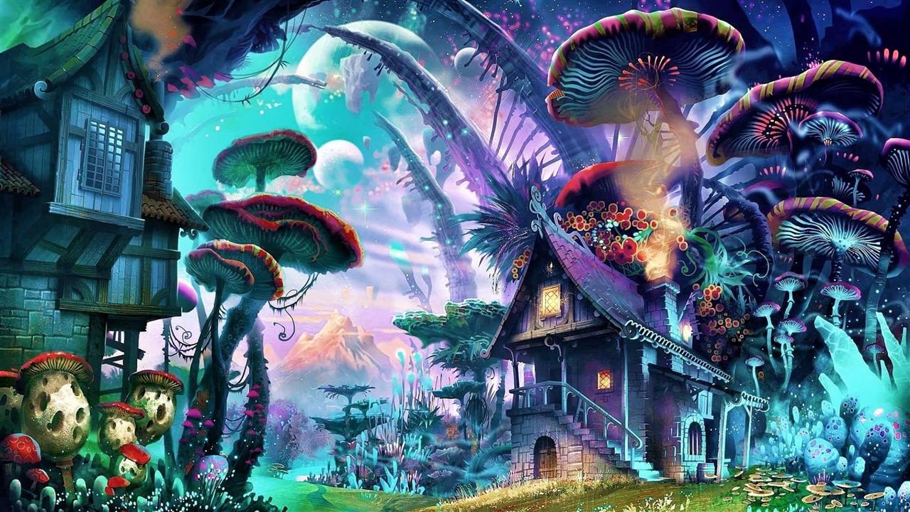 art, mushrooms, mushroom house, tree, psychedelic art, graphics, HD wallpaper