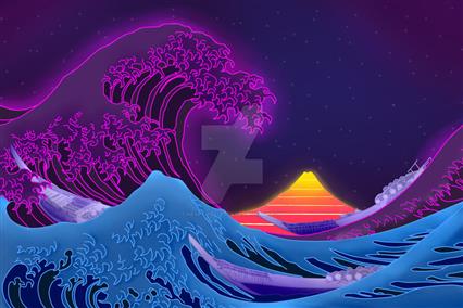 vaporwave, synthwave, neon, The Great Wave off Kanagawa, Sun, HD wallpaper