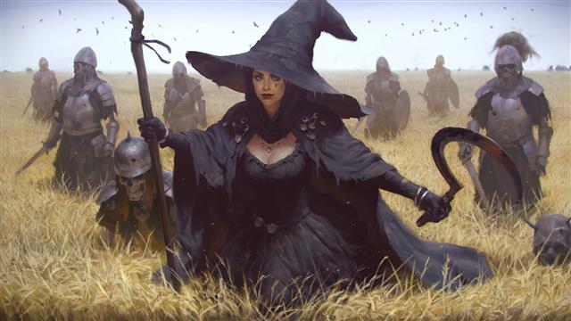 1920x1080 px armor Crow fantasy Art Necromancers Sickle skeleton staff Wheat witch People Pink hair HD Art, HD wallpaper