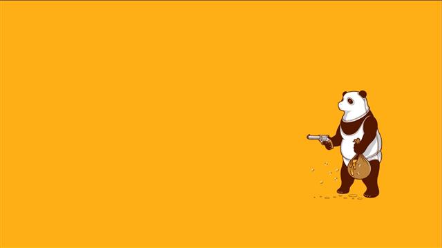 panda holding gun illustration, minimalism, dark humor, yellow, HD wallpaper