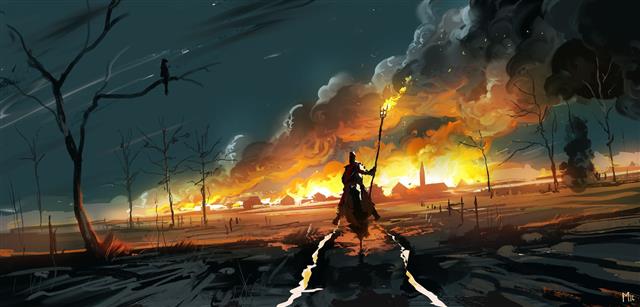 man riding horse in front of fire wallpaper, fantasy art, night, HD wallpaper