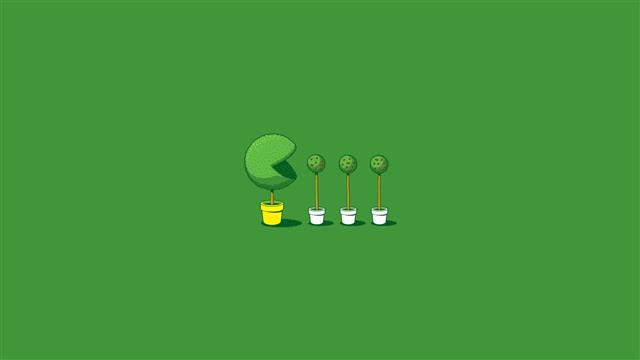 Pacman, trees, simple background, minimalism, humor, green background, HD wallpaper