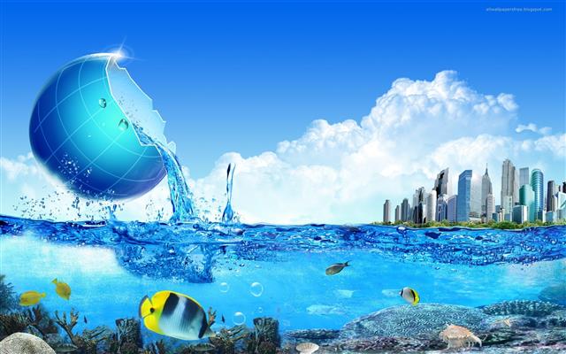 fishes under water with cityscape above digital wallpaper, fantasy art, HD wallpaper