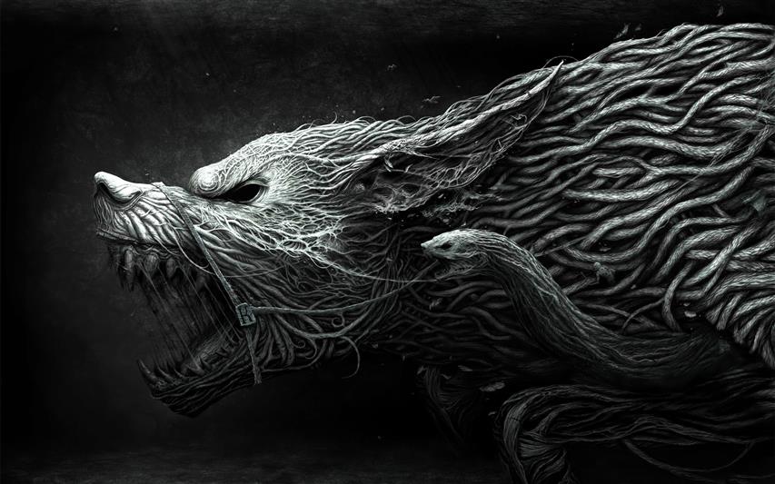 wolf, creature, digital art, snake, roots, dark fantasy, simple background, HD wallpaper