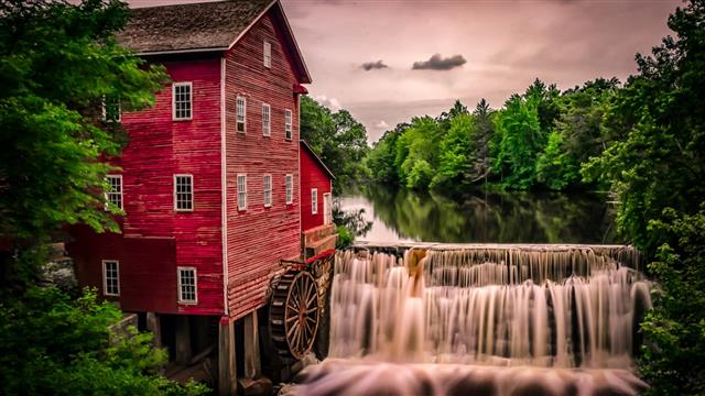 red concrete house near in waterfalls, nature, landscape, architecture, HD wallpaper