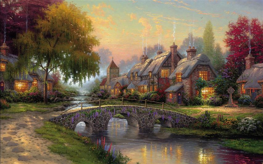 Art painting, cobblestone bridge, cottage, river, houses, trees, houses near bridge and river painting, HD wallpaper