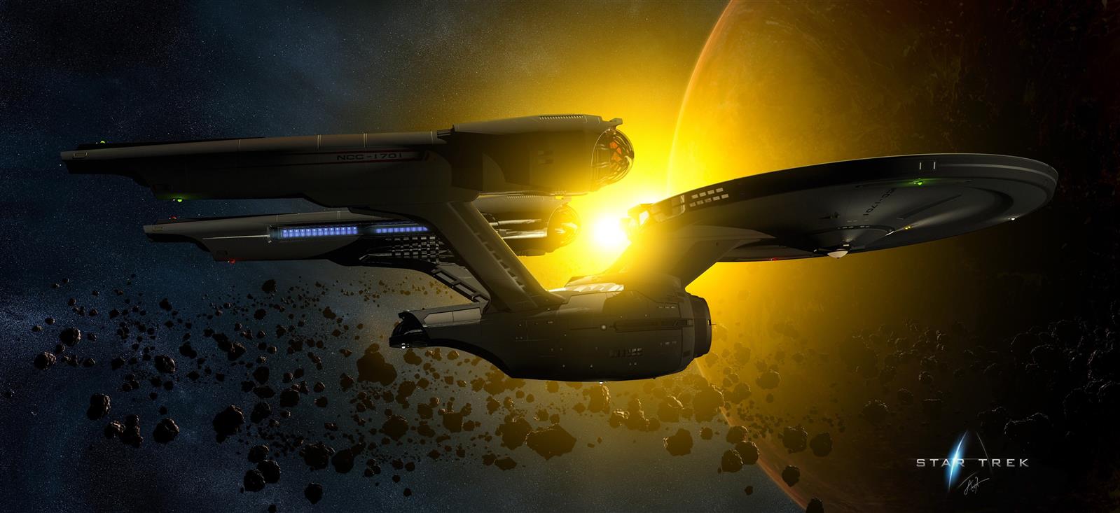 Star Trek Enterprise illustration, spaceship, asteroid, Sun, planet, HD wallpaper