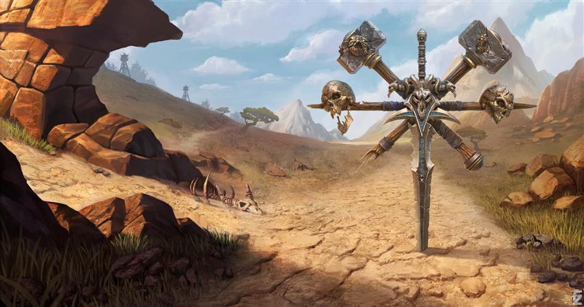 sword, World of Warcraft, game, desert, skulls, mountains, weapons, HD wallpaper