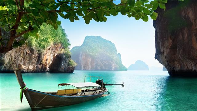 black and gray boat, Thailand, sea, water, island, ship, trees, HD wallpaper