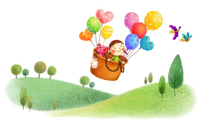 Art, Kids, Girl, Balloon, Bird, Trees, Simple Background, Green Hill, Travelling, girl and bear riding on air balloon artwork, HD wallpaper