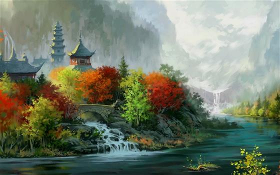 1680x1050 px art Asian autumn castle Fall fantasy Oriental painting rivers Trees Cars Mercedes HD Art, HD wallpaper