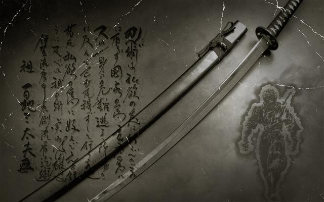 silver sword, anime, Japanese, digital art, katana, kanji, typography, HD wallpaper