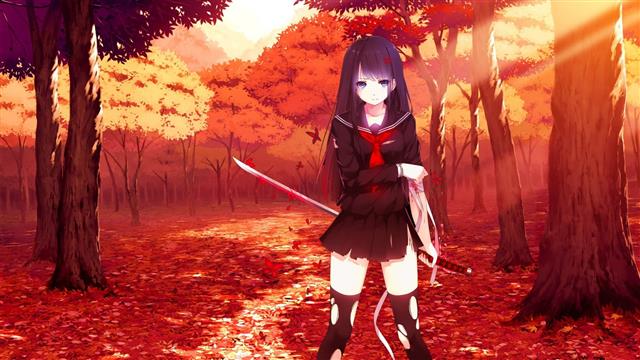 purple-haired female anime character, sword, katana, school uniform, HD wallpaper