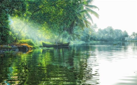Landscape, Nature, Lake, Sun Rays, Boat, Trees, Palm Trees, Mist, Green, Tropical, Water, HD wallpaper