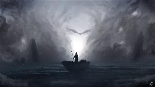 person on boat painting, digital art, landscape, dragon, drawing, HD wallpaper