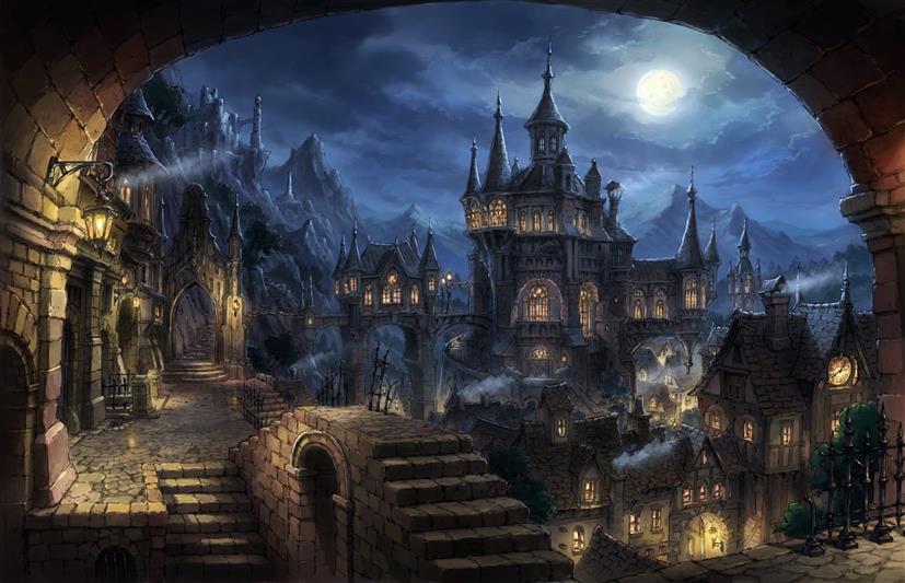 black castle digital wallpaper, illustration of castle and houses, HD wallpaper