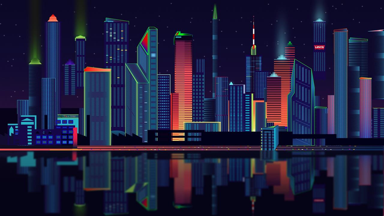 tower block, city lights, night sky, reflection, retro style, HD wallpaper