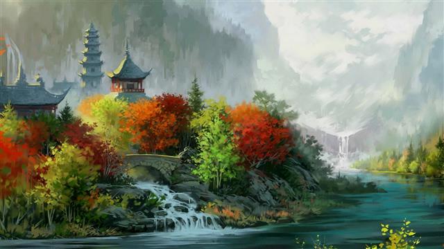 artwork, Asian Architecture, bridge, digital art, Fall, forest, HD wallpaper