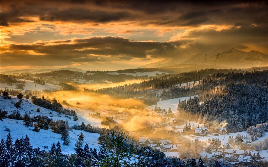 Nature, Landscape, Winter, Sunset, Forest, Mountain, Clouds, Snow, Sky, Village, Poland, Mist, Valley, HD wallpaper