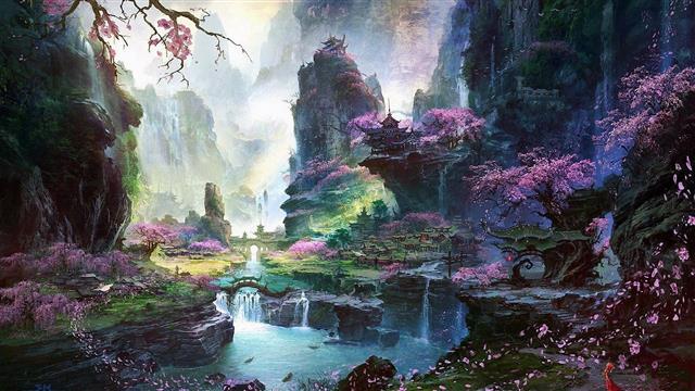 architecture, art, Asian, blossom, cherry, digital, fantasy, HD wallpaper