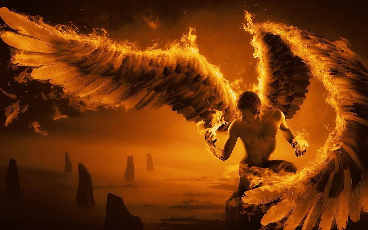 man with wings wallpaper, fire man, angel, sky, sunset, motion, HD wallpaper