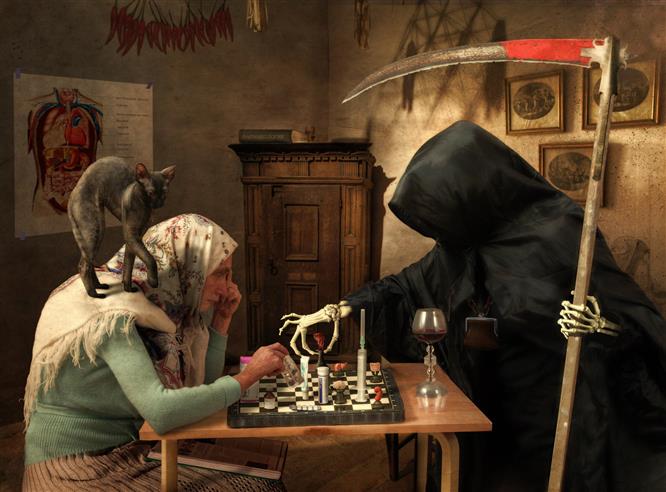 woman and Grim Reaper playing chess wallpaper, artwork, cat, old people, HD wallpaper