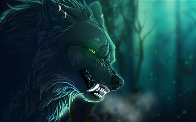 gray wolf wallpaper, artwork, creature, green eyes, teeth, fantasy art, HD wallpaper