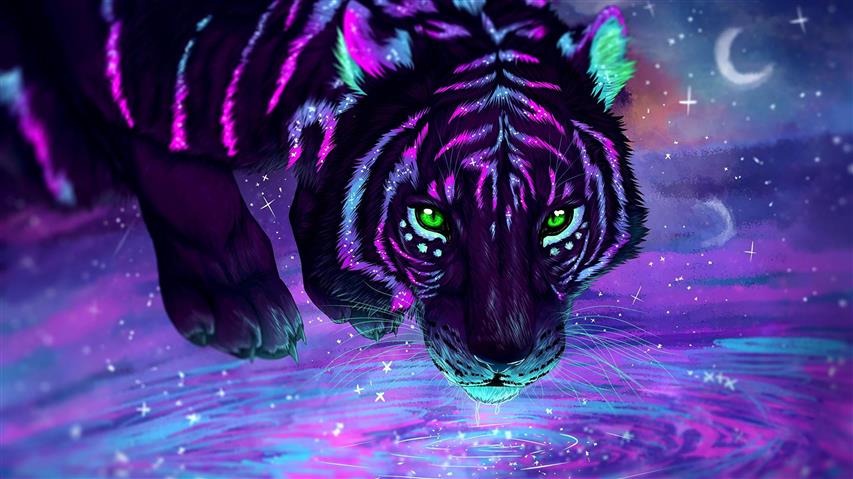 purple and blue tiger illustration, water, green eyes, neon, animals, HD wallpaper