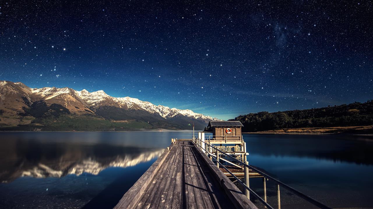 black wooden dock, brown wooden dock under starry night, stars, HD wallpaper