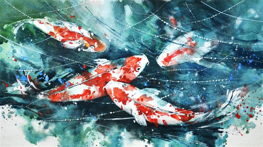 school of koi fish painting, watercolor, artwork, paint splatter, HD wallpaper