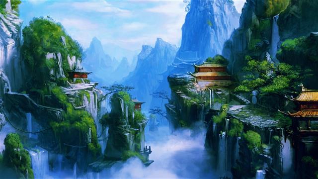 1920x1080 px art Asian buildings castles fantasy fog landscapes mountains Oriental rivers spray wate Video Games Other HD Art, HD wallpaper