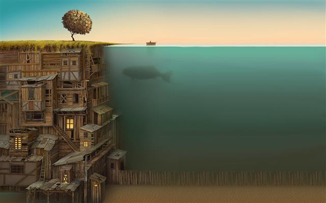 illustration of houses underground, house and body of water painting, HD wallpaper