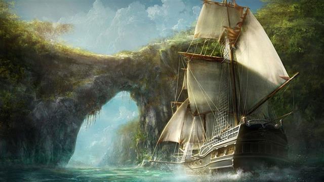 white and brown galleon ship illustration, old ship, rocks, water, HD wallpaper