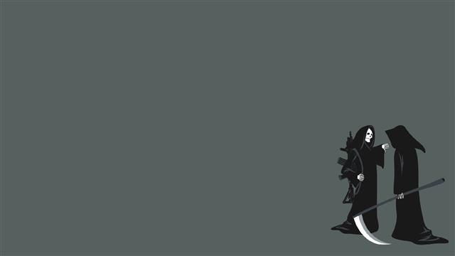 two Grim Reapers illustration, minimalism, scythe, assault rifle, HD wallpaper