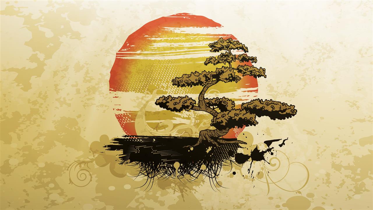 oriental tree art, sunset and trees illustration, digital art, HD wallpaper