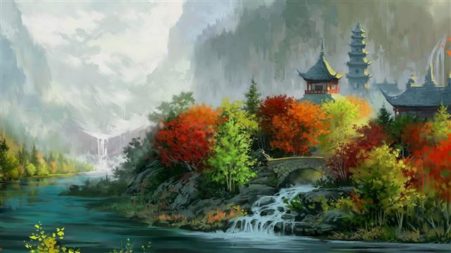 valley, forest, waterfall, trees, painting, house, Asian architecture, HD wallpaper