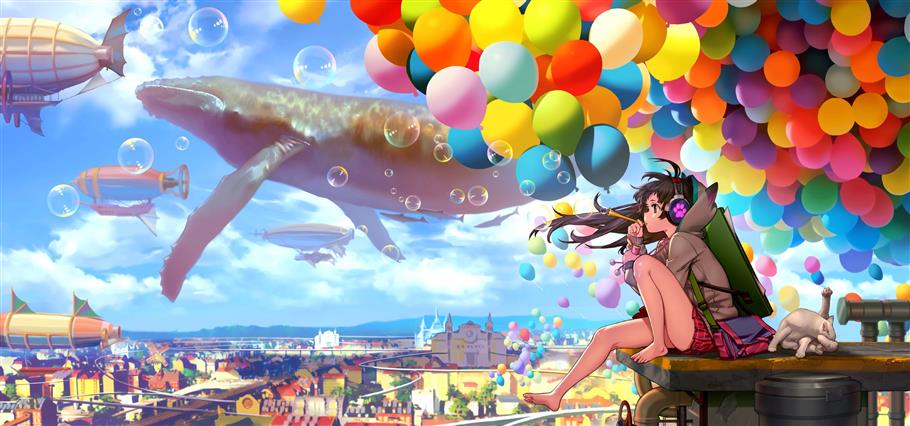 girl and balloons animated wallpaper, black haired anime character sitting near balloons illustratio, HD wallpaper