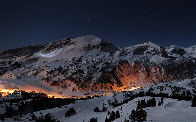 mountain covered by snow, mountains, long exposure, night, lights, HD wallpaper