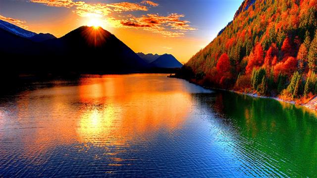 Nature, Landscape, Sun, Sunshine, Mountain, Trees, Autumn, Lake, Reflection, HD wallpaper